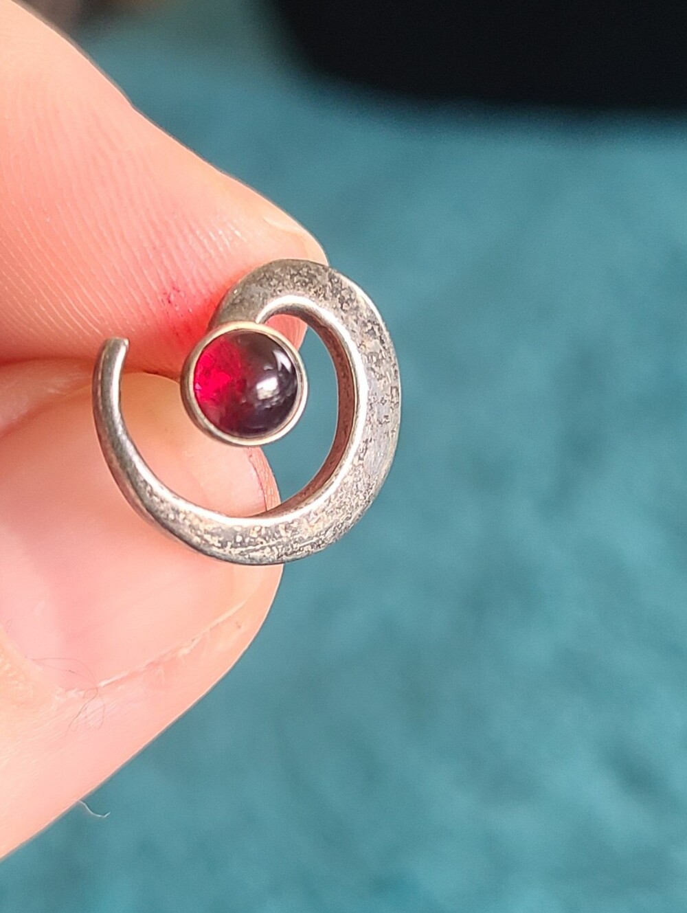 Single Sterling Silver Spiral Stud Earring with Red Garnet Cabochon